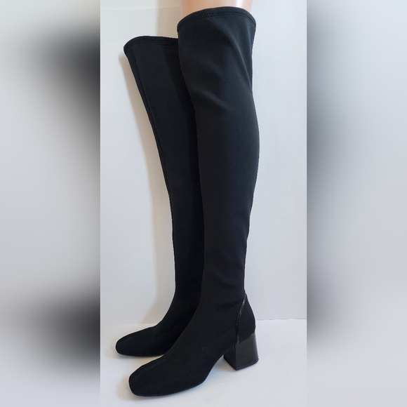 ZARA BOOT BLACK FABRIC OVER THE KNEE BOOTS BLOCK HEEL PATENT 38 - Picture 1 of 13